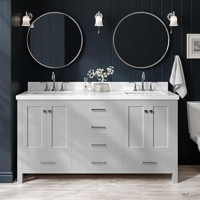 ARIEL Cambridge 66-inch Bathroom Vanity with Sink,Solid Wood, 1.5-inch Pure White Quartz Countertop & Backsplash, Double Rectangular Porcelain Sink, 4 Soft Closing Doors, 6 Dovetail Drawers, Grey