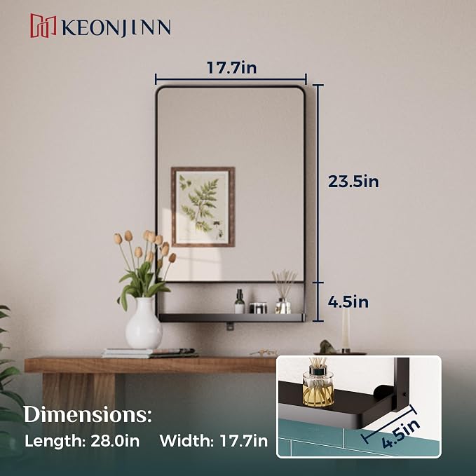 Keonjinn 18 x 28 Inch Black Bathroom Mirror with Shelf, Rust-Resistant | Rounded Corner, Rectangle Metal Bathroom Vanity Mirror with Storage, French Cleat Mount, Entryway, Bedroom, Hallway, Décor