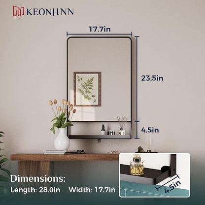Keonjinn 18 x 28 Inch Black Bathroom Mirror with Shelf, Rust-Resistant | Rounded Corner, Rectangle Metal Bathroom Vanity Mirror with Storage, French Cleat Mount, Entryway, Bedroom, Hallway, Décor