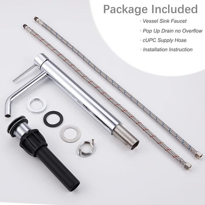 Chrome Tall Bathroom Faucet with Sink Drain and Supply Lines, JXMMP Single Handle Vessel Sink Faucet Chrome Single Hole, Stainless Steel Vessel Faucet JXM1001CP