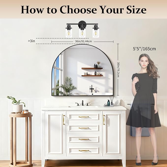 COFENY Arched Mirror, 36’’x30’’ Black Arch Mirrors for Bathroom Sink, Wide Bathroom Vanity Mirror with Metal Frame, Modern Wall Mounted Mirror for Bedroom Living Room Mantle Entryway