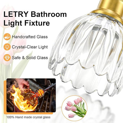 Bathroom Light Fixtures, 3-Light Brushed Gold Vanity Lights for Bathroom with Clear Tulip Glass Shade, 20" Vintage Bathroom Vanity Lighting Fixtures Over Mirror for Bedroom Living Room Hallway