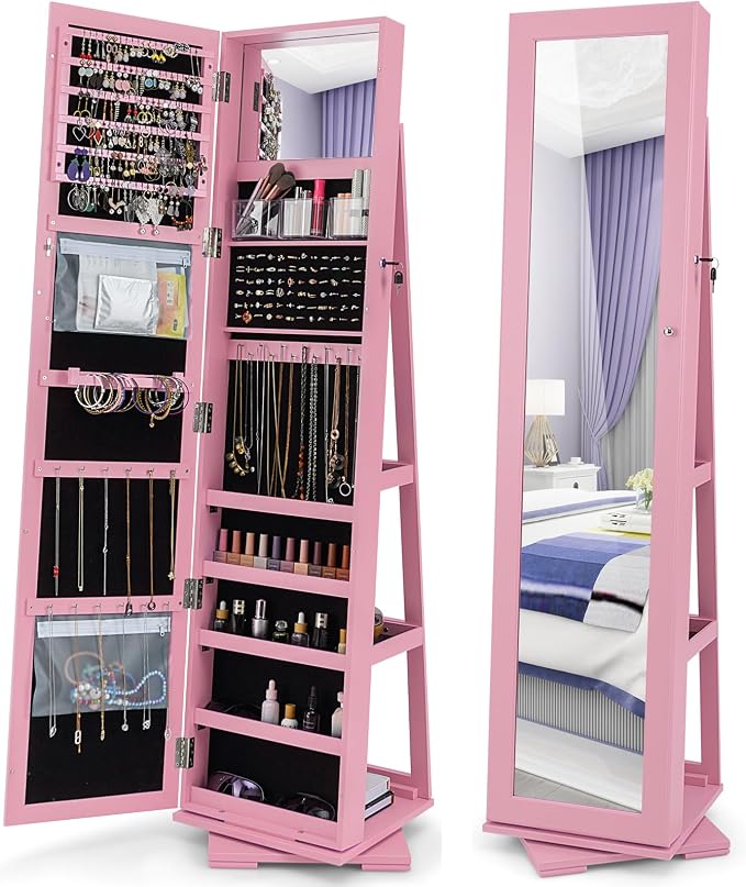 COSTWAY 360 Rotating Jewelry Armoire Cabinet, Standing Jewelry Organizer w/Full-Length Mirror & Large Storage Space, Lockable Mirror Jewelry Cabinet for Girls Women (Pink)