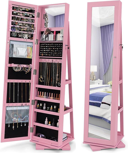 COSTWAY 360 Rotating Jewelry Armoire Cabinet, Standing Jewelry Organizer w/Full-Length Mirror & Large Storage Space, Lockable Mirror Jewelry Cabinet for Girls Women (Pink)