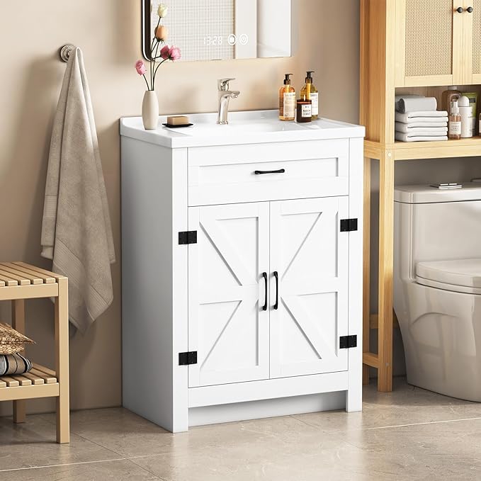 24" White Farmhouse Bathroom Vanity with Ceramic Sink, 2 Barn Door & Faux Drawer, Freestanding, Actual 23.6" L x 18.5" W x 35.4" H
