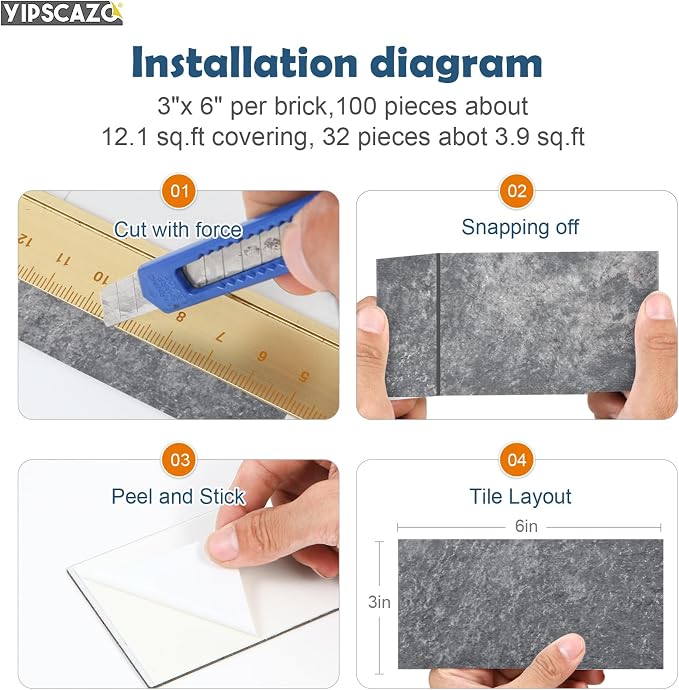 Yipscazo 2025 New Upgrade Peel and Stick backsplash 3 x 6 Inches 3D PVC Composite Wall Tile Stick on Backsplash Tile for Kitchen Bathroom, Laundry Room, Fireplace(Stone Black, 100 Pieces)