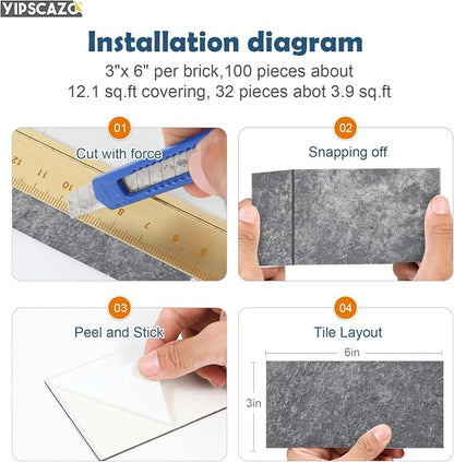 Yipscazo 2025 New Upgrade Peel and Stick backsplash 3 x 6 Inches 3D PVC Composite Wall Tile Stick on Backsplash Tile for Kitchen Bathroom, Laundry Room, Fireplace(Stone Black Rocks, 160 Pieces)