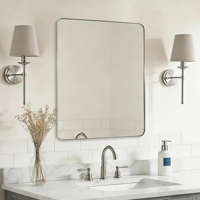 Brushed Nickel Mirrors for Bathroom Sink, 24x30 Inch Bathroom Vanity Mirror with Rectangular Metal Frame-Modern Clean Design with Superior Stainless Steel Frame