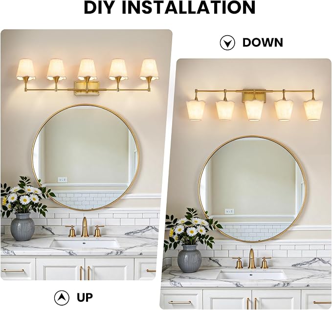 Gold Bathroom Vanity Light Fixtures: Brushed Gold Vanity Lights Over Mirror with Flared Fabric Shade, Modern Bathroom Lighting Fixtures, 5 Light Wall Sconces Lights for Bedroom Hallway Living Room