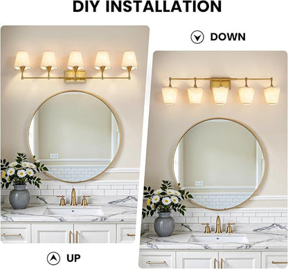 Gold Bathroom Vanity Light Fixtures: Brushed Gold Vanity Lights Over Mirror with Flared Fabric Shade, Modern Bathroom Lighting Fixtures, 5 Light Wall Sconces Lights for Bedroom Hallway Living Room