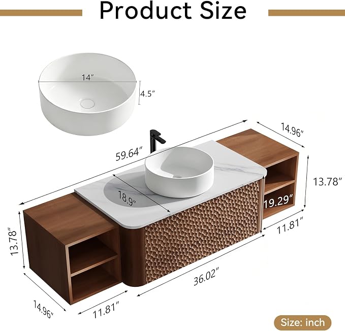 60 Inch Modern Bathroom Vanity with Ceramic Sink, Floating Bathroom Sink Cabinet with Sintered Stone Top&Solid Wood Hammered Frame, Single Bathroom Vanities w/Soft-Close Drawer&2 Side Open Cube