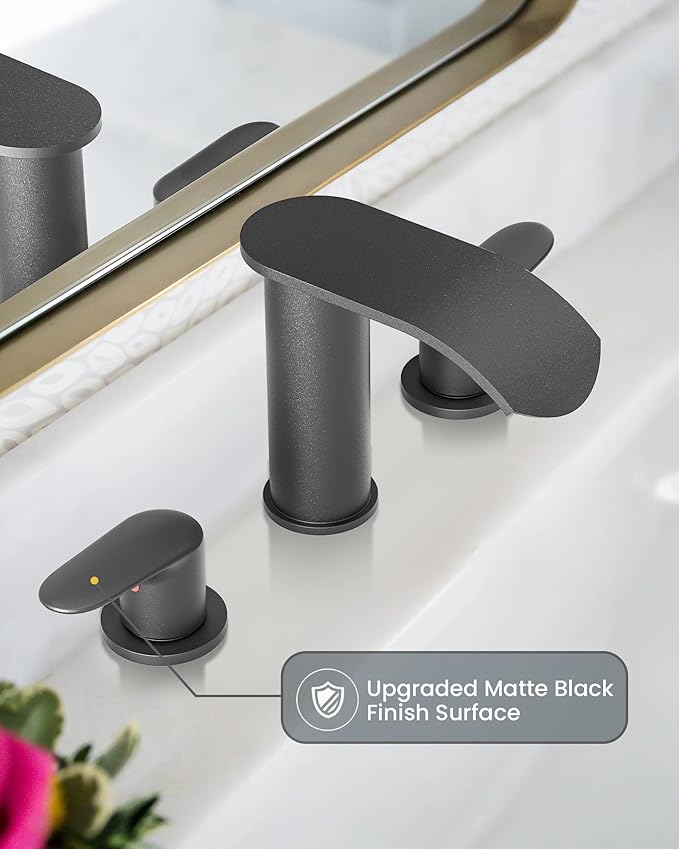 WOWOW Waterfall Bathroom Faucet 3 Hole: 8 Inch Widespread Bathroom Sink Faucet, Matte Black Bathroom Faucet Two Handles Lavatory Vanity Sink Faucets with Pop-up Drain & Supply Hoses