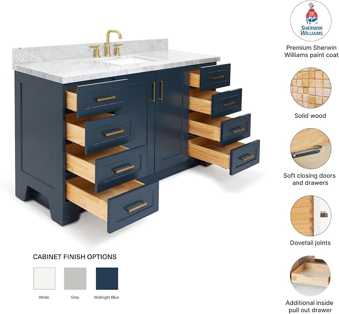 Emilia 60 Inch Bathroom Vanity Single Sink — Midnight Blue Bathroom Vanity with Sink, 1.5" Edge Italian Carrara Marble Countertop, Solid Wood, 2 Soft-Close Doors, 9 Dovetail Drawers