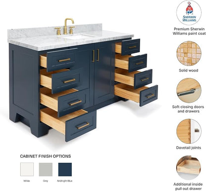 Emilia 60 Inch Bathroom Vanity Single Sink — Midnight Blue Bathroom Vanity with Sink, 1.5" Edge Italian Carrara Marble Countertop, Solid Wood, 2 Soft-Close Doors, 9 Dovetail Drawers