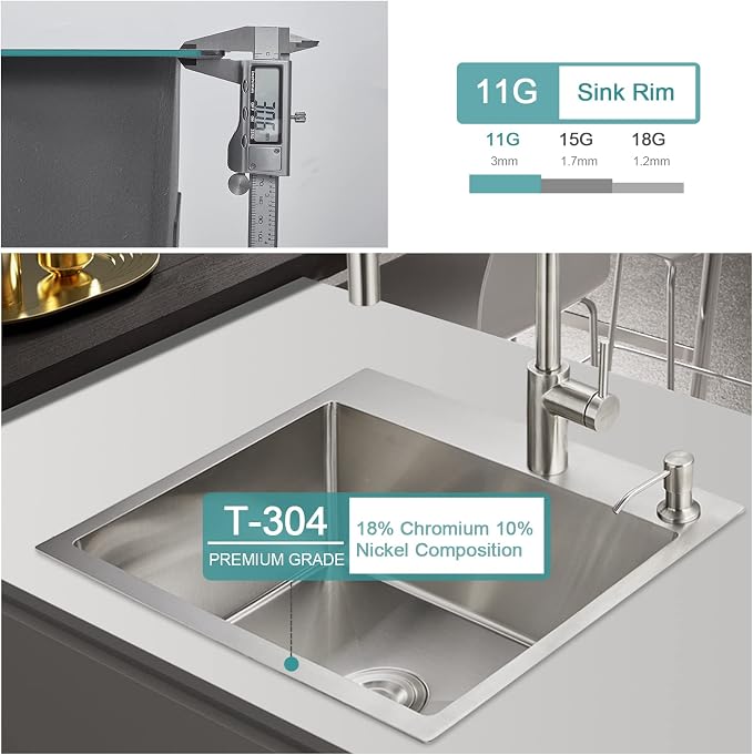 Brushed Topmount Kitchen Sink - 24”×18” Single Bowl Sink | 9 Inch Deep Handmade Bar Sink with Strainer, Stainless Steel 304, Center Drain, X-Groove Drainage, Sound-Dampening Pad