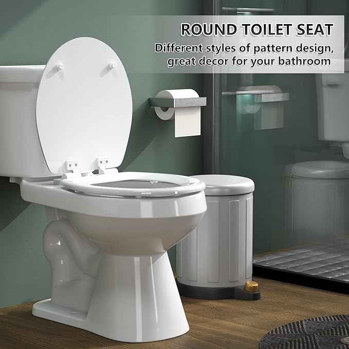 Round Toilet Seat Angol Shiold Quiet-Close Molded Wood Toilet Seat with Non-Slip Adjustable Hinges, Anti-Pinch Bumpers, Easy Install & Clean（White, Round 16.5''）