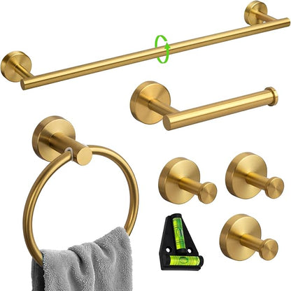 Gorlary Gold Bathroom Accessories, Bathroom Hardware Set Wall Mounted | 24” Towel Bar, Towel Ring Holder, Toilet Paper Holder and 3 Towel Hooks