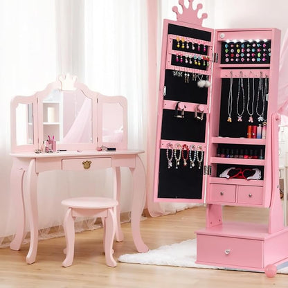 Kids Jewelry Cabinet with Full-Length Mirror, Freestand Mirror with Storage Drawers, Kids Vanity Dress Up Mirror with Jewelry Organizer, 46" Jewelry Armoire for Kids Bithday, Girls Xmas Gifts(Pink)