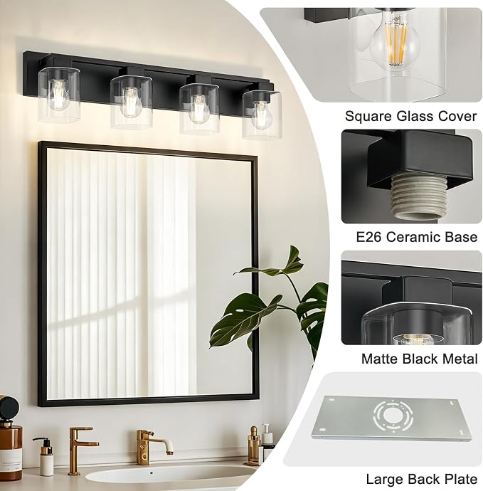4-Light Matte Black Bathroom Light Fixtures, with Clear Glass Shade | 29.5 Inch Bathroom Lighting Fixtures Over Mirror, Modern Wall Light, bathroom vanity light E26 Socket, ETL