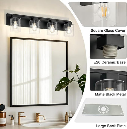4-Light Matte Black Bathroom Light Fixtures, with Clear Glass Shade | 29.5 Inch Bathroom Lighting Fixtures Over Mirror, Modern Wall Light, bathroom vanity light E26 Socket, ETL