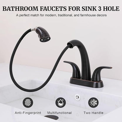 Bathroom Faucet with Sprayer, 4 Inch Oil Rubbed Bronze with Pop Up Drain | Ultimate Unicorn Centerset Pull Down Vanity Faucets 3 Hole- Two Handle Modern Washbasin Tap Set for Rv Lavatory Restroom