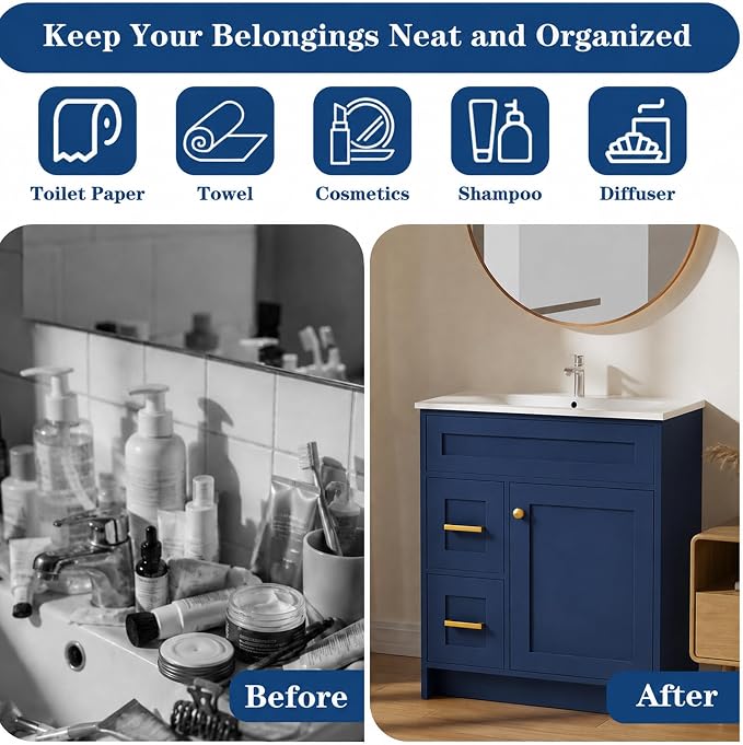 Blue Bathroom Vanity with Sink 30inch | 1doors and 2 Drawers | Wood Storage Basin Cabinet with Ceramic Basin for Home and Office