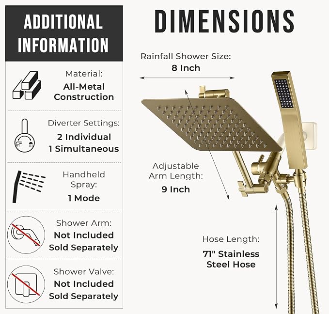G-Promise All Metal 8-Inch Dual Square Shower Head Combo, Rain Shower Head, Handheld Shower Wand with 71-Inch Extra Long Hose, 3-Way Diverter, Adjustable Extension Arm, Brushed Gold | Built to Last, Easy Install, Adjustable Height & Angle for All Heigh...