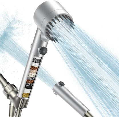 Filtered Shower Head with Handheld, High Pressure Water Flow and Multiple Spray Modes Shower Head with Filter, Power Wash for Hard Water, Showerhead with ON/OFF Switch for Pets Bath (Silver) | ON/OFF Switch,4 Spray,Built-in Power Wash,Detachable Shower...