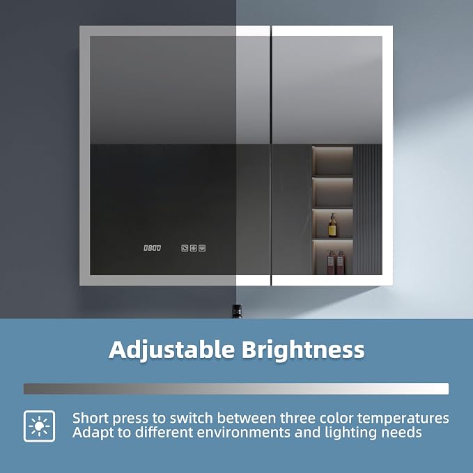 LED Medicine Cabinet 24x30 Anti-Fog Mirror Dimmable Recessed Mount | 3 Color Dimmable LED. Time Temp Display. Anti-Fog IP44. 2 Outlets+2 USB. Plug-in/Hardwired. Recessed/Wall Mount.