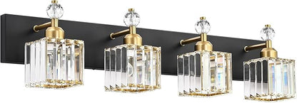 PRESDE 4-Light Crystal Vanity Light for Bathroom Modern Black and Gold Bathroom Lights Fixtures Over Mirror Modern Bath Wall Lighting