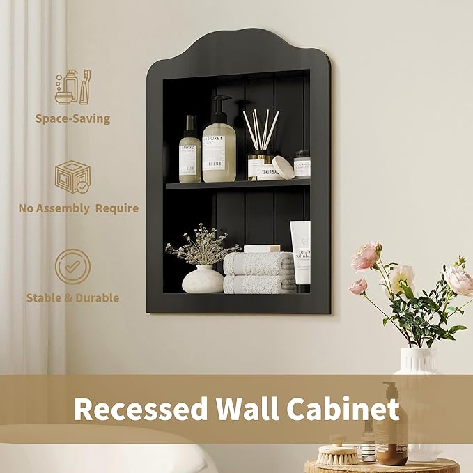 CJL 14‘’ x 18‘’ Recessed Medicine Cabinet, Solid Wood in-Wall Bathroom Cabinet, Victorian Wall Niche Shelf, 2-Tier, Black