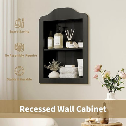 CJL 14‘’ x 18‘’ Recessed Medicine Cabinet, Solid Wood in-Wall Bathroom Cabinet, Victorian Wall Niche Shelf, 2-Tier, Black
