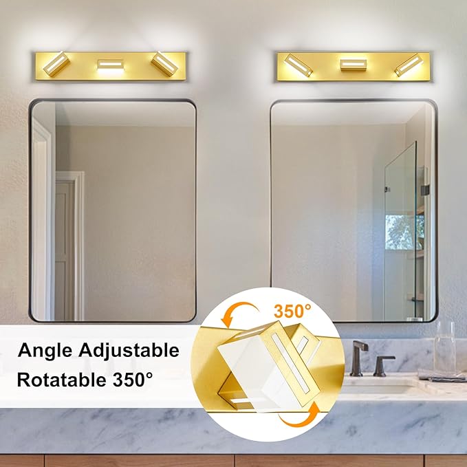 LED Modern Bathroom Light Fixtures, 3-Light 24-Inch Gold Vanity Lights for Bathroom Lighting Fixtures Over Mirror, 350° Rotatable Acrylic, 6000K Cool White Wall Lamp