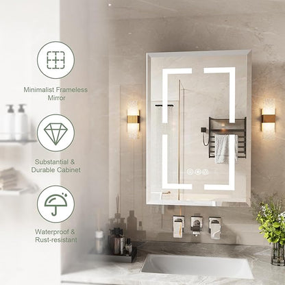 Medicine Cabinet, LED Mirror Cabinet for Bathroom with 3-Color with Mirror Defog, Recessed or Surfaced Wall-Mounted (24X30)