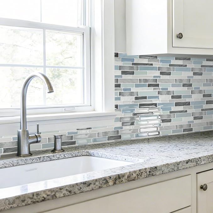 LONGKING Self-Adhesive Kitchen Backsplash, Marble Look Decorative Tiles (10 Tiles) | Peel and stick backsplash, self-adhesive wall tile, marble, waterproof, kitchen bathroom wall, 10 tiles, set B