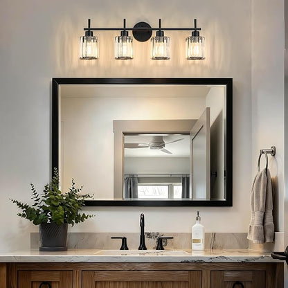 Black Bathroom Light Fixtures, Round, 4-Light | Vanity Lights with Crystal Shades, Modern Bathroom Lighting Fixtures over Mirror (Bulbs Not Included, E26)
