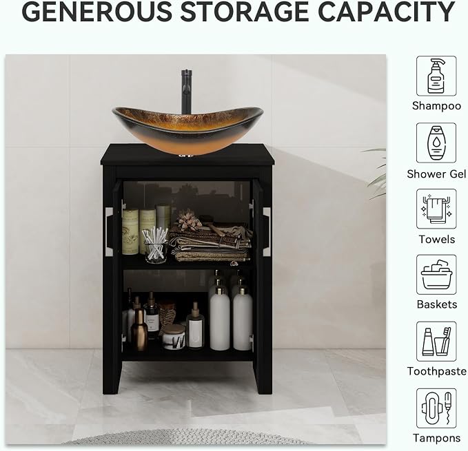 YOURLITE 24" Bathroom Vanity with Sink, Black Bathroom Vanity Cabinet with Faucet & Pop Up Drain Set,Traditional Vanity with Black Glass Bowl Bathroom Sink