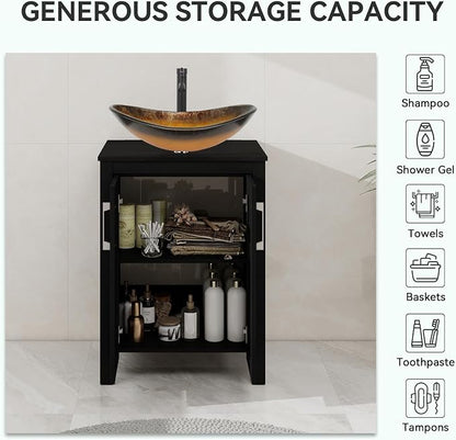 YOURLITE 24" Bathroom Vanity with Sink, Black Bathroom Vanity Cabinet with Faucet & Pop Up Drain Set,Traditional Vanity with Black Glass Bowl Bathroom Sink