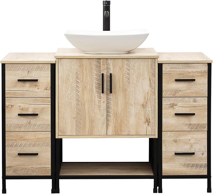 UEV 48" Rustic Oak Bathroom Vanity with Sink Combo,Industrial Iron Frame Bathroom Cabinet Sets with Double 3 Drawers Side Cabinet,Modern Artistic Ceramic Vessel Sink(032WH)
