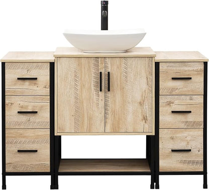 UEV 48" Rustic Oak Bathroom Vanity with Sink Combo,Industrial Iron Frame Bathroom Cabinet Sets with Double 3 Drawers Side Cabinet,Modern Artistic Ceramic Vessel Sink(032WH)