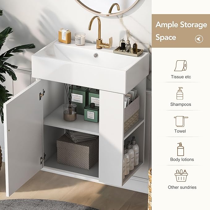 Harper & Bright Designs 21.6" Bathroom Vanity with Sink, Wall-Mounted Single Basin Vanity Set with Cabinet & Two-Tier Right Side Storage Shelf, Storage Cabinet with Ceramic Basin for Bathroom, White