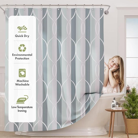 AmazerBath Shower Curtain Sets, Washable Cloth Geometric Green-Grey Stripped Fabric Shower Curtain with 12 Metal Hooks, Luxury Home Farmhouse Polyester Bathroom Decor Shower Curtains, 72x72 Inches