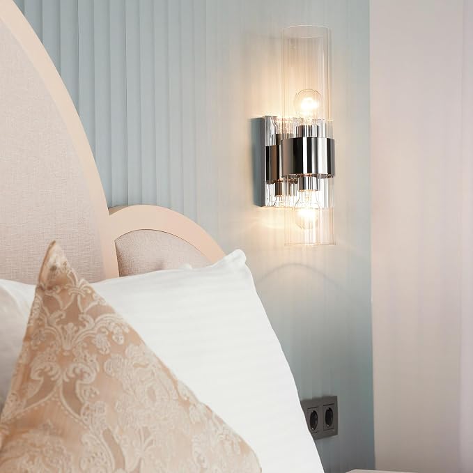 Modern Bathroom Sconces Wall Lighting with Clear Ribbed Glass, Polished Nickel 2-Light Bathroom Vanity Light Fixtures for Mirror Living Room Hallway Bedroom
