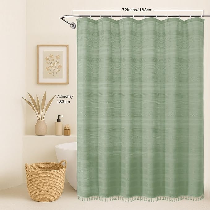 Light Green Shower Curtain for Bathroom, Boho Linen Textured Shower Curtain with Tassel, Rustic Striped Heavy Duty Vintage Country Bathroom Curtain, 72Wx72L Inches