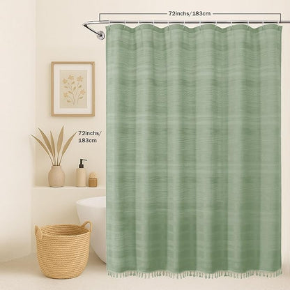 Light Green Shower Curtain for Bathroom, Boho Linen Textured Shower Curtain with Tassel, Rustic Striped Heavy Duty Vintage Country Bathroom Curtain, 72Wx72L Inches
