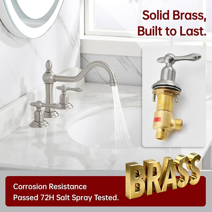 SUMERAIN Vintage 8" Widespread Bathroom Faucet, Brushed Nickel | 3 Hole, 2 Handle, 360°Swivel Spout