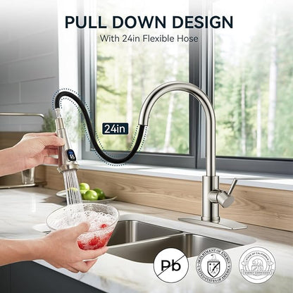 FORIOUS LED Kitchen Faucet with Pull Down Sprayer, Brushed Nickel, Single Handle Modern Stainless Steel Sink Faucet with Temperature Digital Display, Suitable for Farmhouse Camper Rv Bar