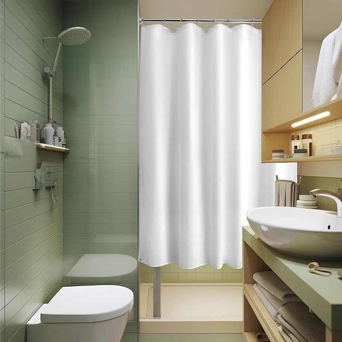 Titanker Small Stall Shower Curtain Liner Washable, 60x64 Inches, White Fabric Shower Liner with 2 Magnets, Waterproof RV Shower Curtain Liner Stall Size Soft Polyester Lightweight, White
