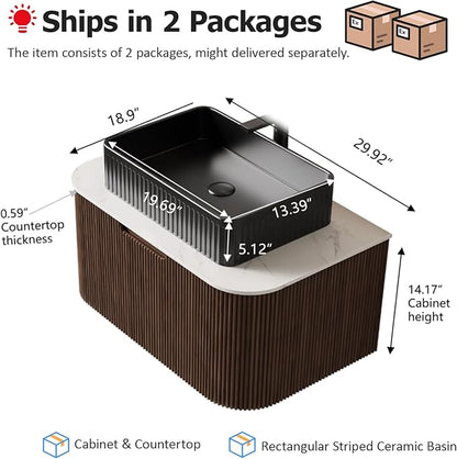30 inch Floating Bathroom Vanity with Sink, Natural Solid Wood Modern Bathroom Vanities with Ultra-Thin Ceramic Basin and Marble Top, Soft-Close Drawer, Pre-Assembled, Walnut with Black