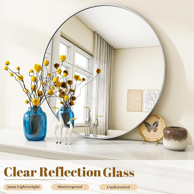 Silver Round Bathroom Mirror 30", Thin Metal Frame Wall Mirror | Circle Vanity Mirror for Over Sink, Hanging or Leaning Decor for Hallway, Entryway, Fireplace Mantel, Living Room